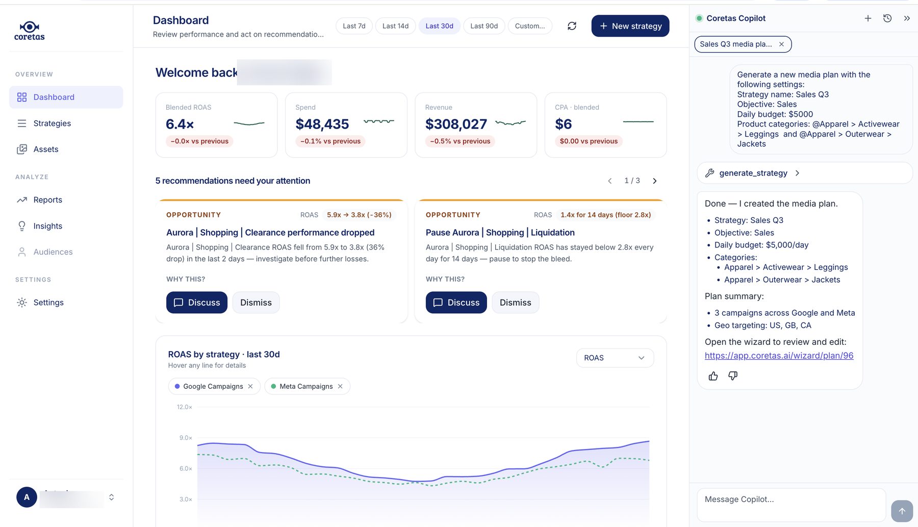 The Coretas copilot generating a complete Sales Q3 media plan from a single prompt, live on the dashboard